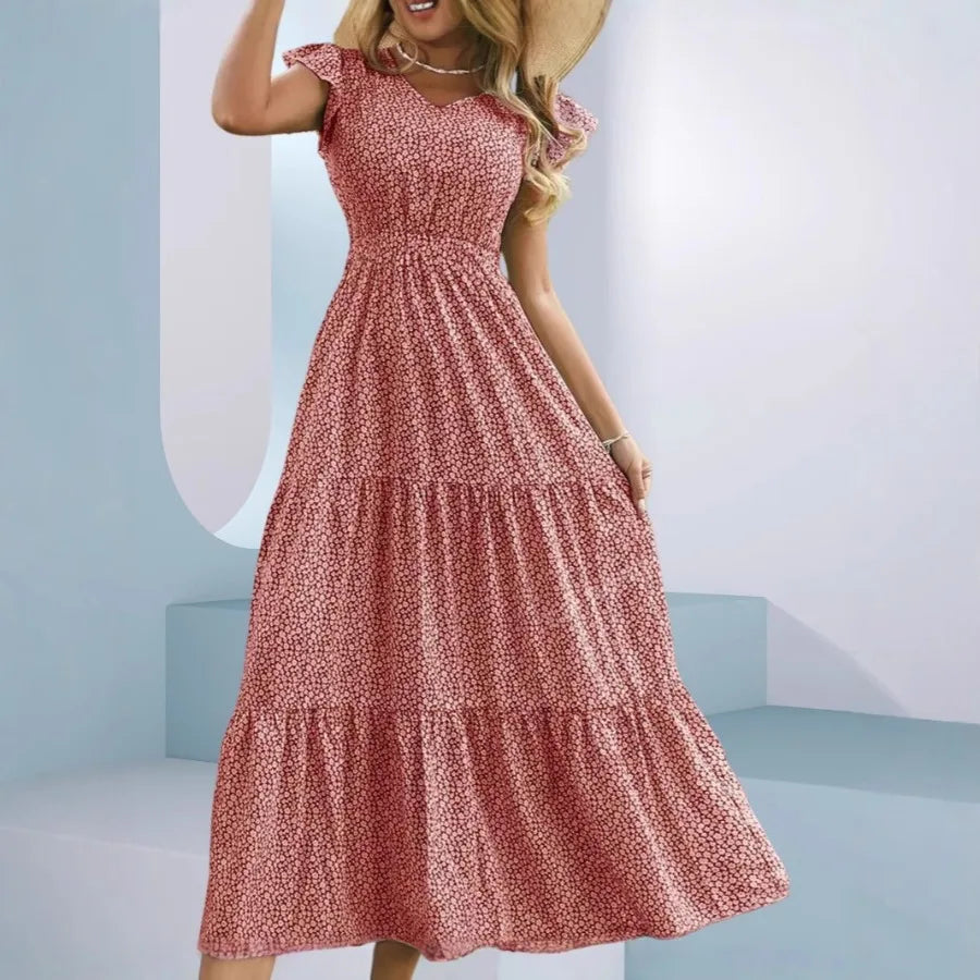 European and American - women's dress  hot V-neck high-waist printed layered short-sleeved dress floral