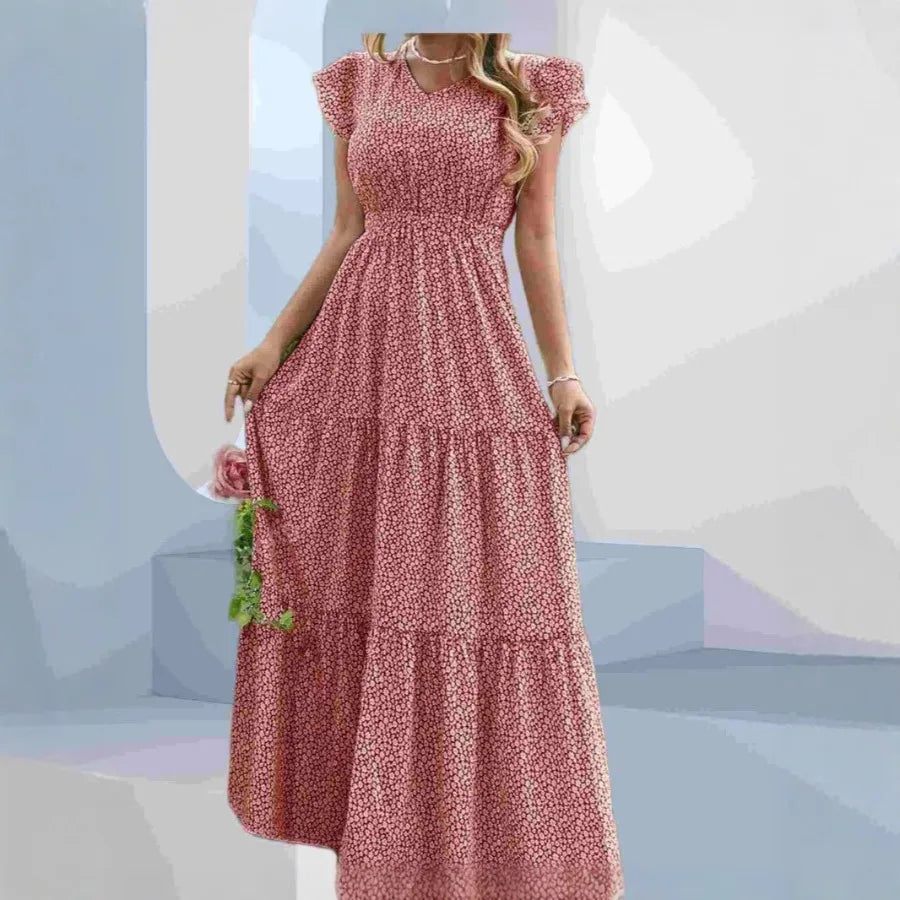 European and American - women's dress  hot V-neck high-waist printed layered short-sleeved dress floral