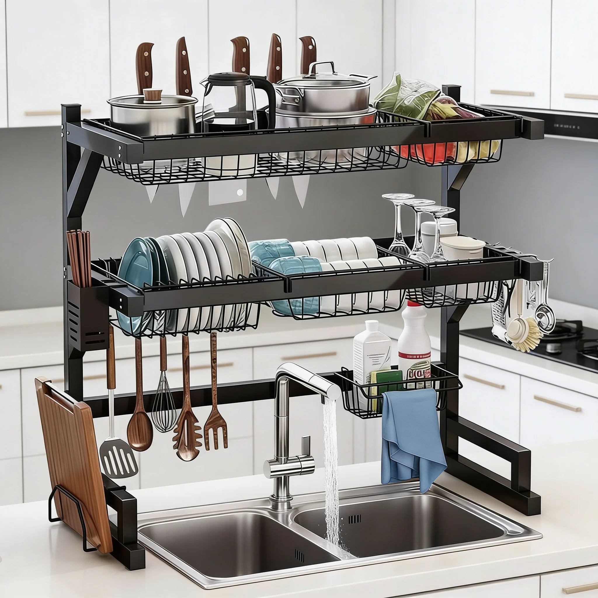 Space-Saving Over Sink Kitchen Dish Drying Rack with Adjustable Shelves and Utensil Holder