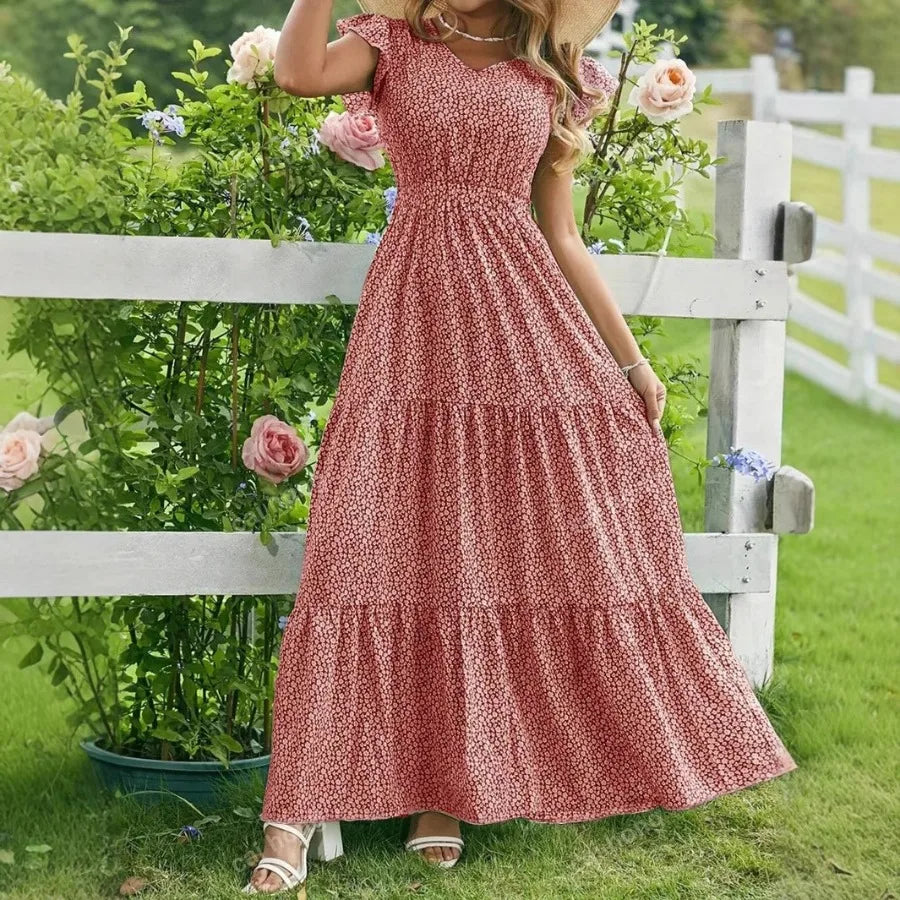 European and American - women's dress  hot V-neck high-waist printed layered short-sleeved dress floral